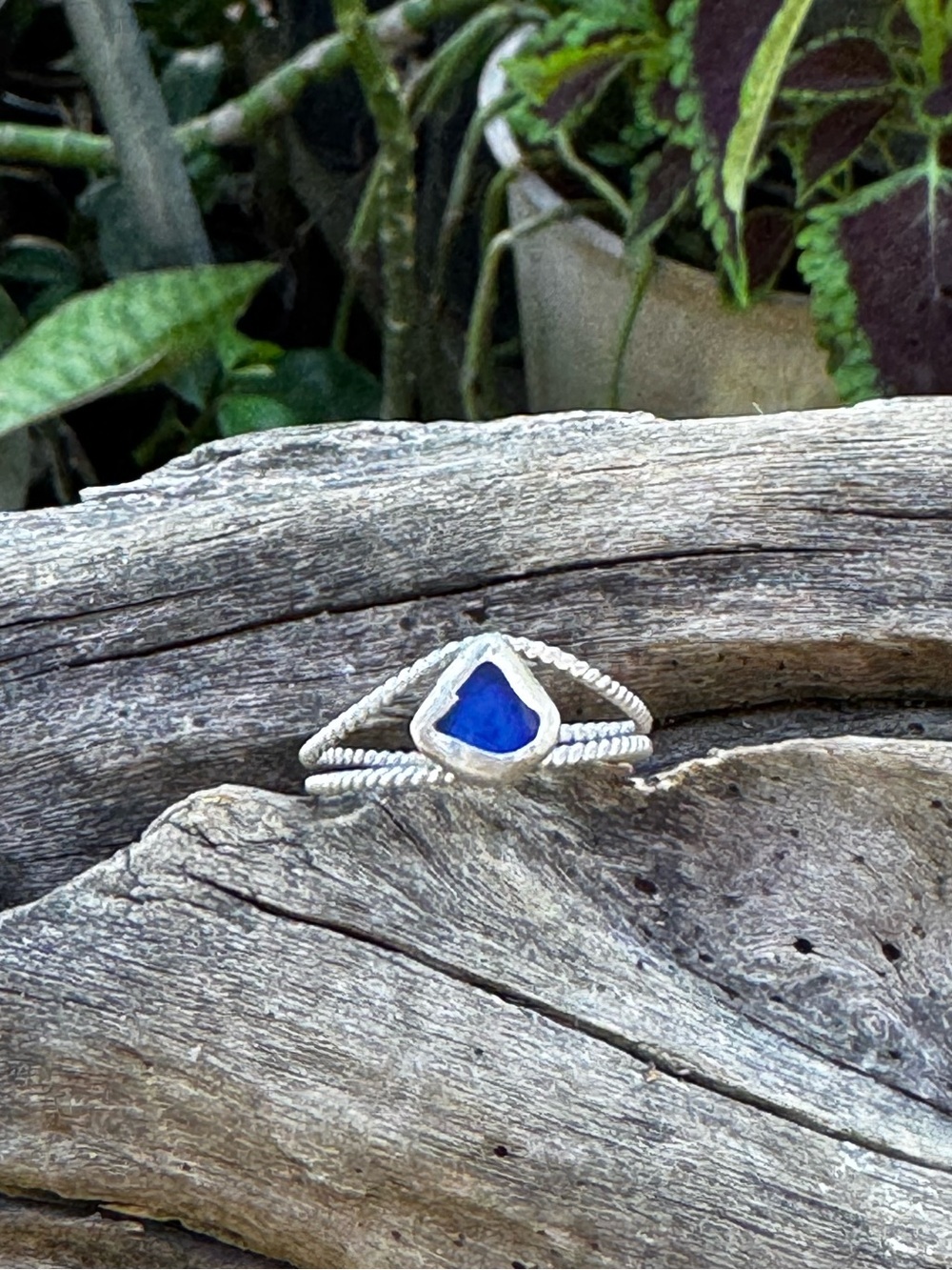 Cobalt blue  sea glass Sea tumbled sea glass sterling & fine silver ring